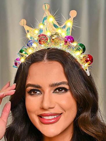 Zoestar Light Up Happy Birthday Crown Headband Glow Ball Hair Bands Sparkly Birthday Party Hair Accessories Women in Saudi Arabia