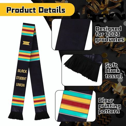 3 Pcs Black Student Union Graduation Stole Cloth Kente Stole Graduation Sash Authentic Art Graduation African Scarf for African American Decorations in Kuwait