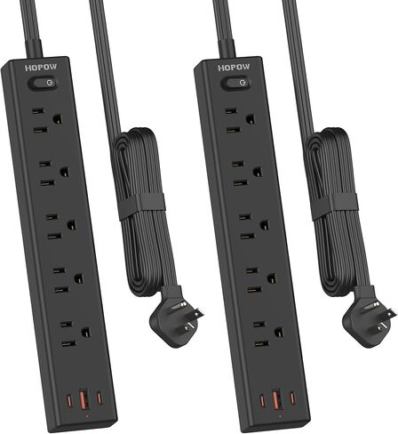 6FT Surge Protector Power Strip, 1700J, 5AC&1A2C, Flat Plug Extension Cord | HOPOW Flat Power Strip, 0.33in ultra thin plug, 1250W, 1.57in spcing, wall mount, charging station for home office, black in Kuwait