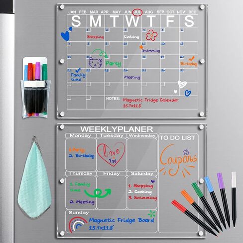 Acrylic Magnetic Calendar for Fridge & Memo Board Weekly Dry Erase Board, Planning White Board, 15.7x11.8'', Includes 6 Markers, Magnetic Pen Holder(Calendar + Weekly Board) in Saudi Arabia