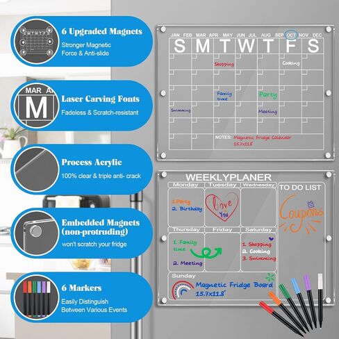 Acrylic Magnetic Calendar for Fridge & Memo Board Weekly Dry Erase Board, Planning White Board, 15.7x11.8'', Includes 6 Markers, Magnetic Pen Holder(Calendar + Weekly Board) in Saudi Arabia