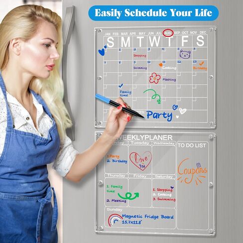 Acrylic Magnetic Calendar for Fridge & Memo Board Weekly Dry Erase Board, Planning White Board, 15.7x11.8'', Includes 6 Markers, Magnetic Pen Holder(Calendar + Weekly Board) in Saudi Arabia