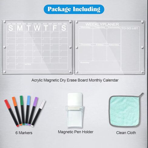 Acrylic Magnetic Calendar for Fridge & Memo Board Weekly Dry Erase Board, Planning White Board, 15.7x11.8'', Includes 6 Markers, Magnetic Pen Holder(Calendar + Weekly Board) in Saudi Arabia