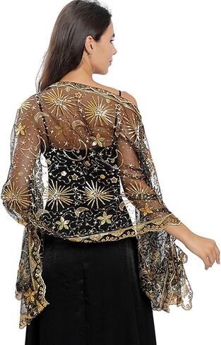 OurLore Women's Glittering 1920s Shawl Scarf Mesh Sequin Wedding Bridal Cape Fringed Evening Wraps Shawls in Saudi Arabia