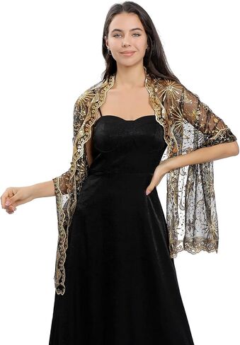 OurLore Women's Glittering 1920s Shawl Scarf Mesh Sequin Wedding Bridal Cape Fringed Evening Wraps Shawls in Saudi Arabia