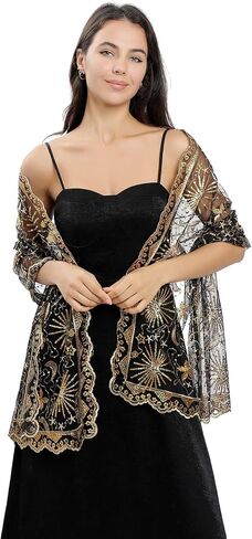 OurLore Women's Glittering 1920s Shawl Scarf Mesh Sequin Wedding Bridal Cape Fringed Evening Wraps Shawls in Saudi Arabia