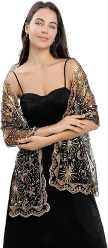 OurLore Women's Glittering 1920s Shawl Scarf Mesh Sequin Wedding Bridal Cape Fringed Evening Wraps Shawls in Saudi Arabia