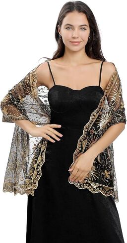 OurLore Women's Glittering 1920s Shawl Scarf Mesh Sequin Wedding Bridal Cape Fringed Evening Wraps Shawls in Saudi Arabia