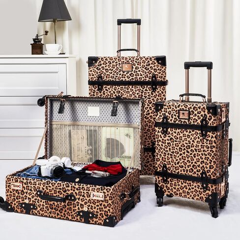 Unitravel Vintage Suitcase Set for Women, 3 Piece PU Leather Retro Luggage Sets, Hardside Spinner Travel Trunk with Combo Lock, 20''/24''/28'', Leopard in Saudi Arabia