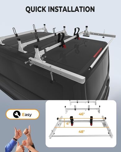 حامل سقف للشاحنة مصنوع من الفولاذ عالي التحمل مقاس 46 بوصة، رف سلم للشاحنة مع أسطوانة شحن خلفية مناسبة لسيارة Ford Transit Connect لعام 2014، أبيض، 3 قضبان، 750 رطلًا in Kuwait