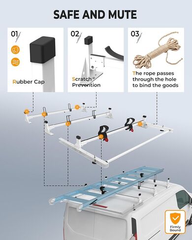 حامل سقف للشاحنة مصنوع من الفولاذ عالي التحمل مقاس 46 بوصة، رف سلم للشاحنة مع أسطوانة شحن خلفية مناسبة لسيارة Ford Transit Connect لعام 2014، أبيض، 3 قضبان، 750 رطلًا in Kuwait