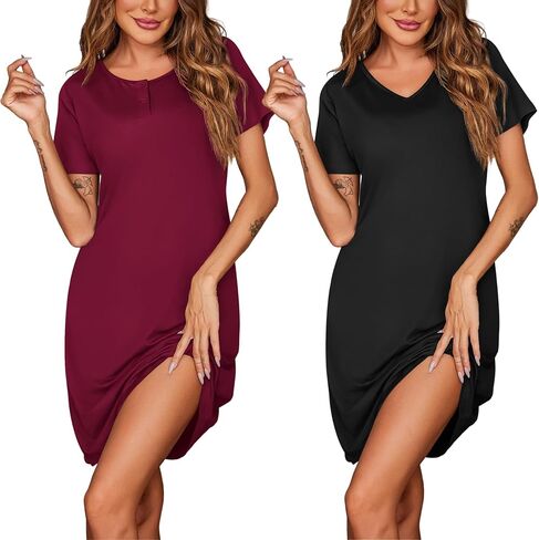 Ekouaer Womens Nightgown 2 Pack Nightgowns for Women Short Sleeves Button Down V Neck Womens Sleepwear S-XXL in Saudi Arabia