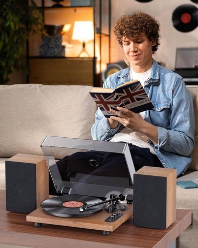 1 by ONE Record Player, Hi-Fi System Bluetooth Turntable Players with Stereo Bookshelf Speakers, Phono Preamp, AT-3600L, Adjustable Counterweight, Bluetooth Output&Input, 2-Speed Belt Drive in Kuwait