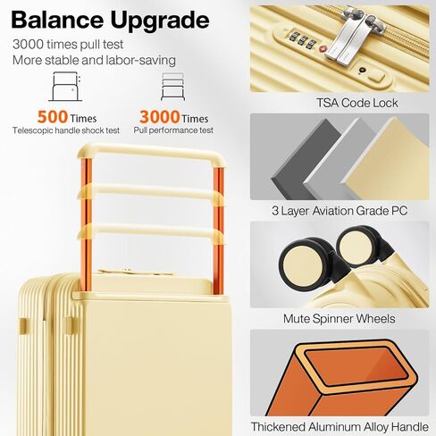 حقائب حمل من mixi معتمدة من شركة الطيران بمقبض واسع وخفيفة الوزن وحقائب ذات هيكل صلب من البولي كربونات وحقائب سفر بعجلات دوارة وقفل TSA، مقاس 20 بوصة باللون الأصفر in Kuwait