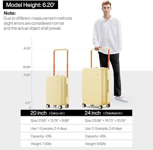 حقائب حمل من mixi معتمدة من شركة الطيران بمقبض واسع وخفيفة الوزن وحقائب ذات هيكل صلب من البولي كربونات وحقائب سفر بعجلات دوارة وقفل TSA، مقاس 20 بوصة باللون الأصفر in Kuwait