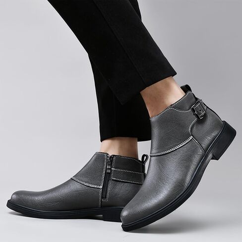Men's Genuine Leather Pointed Toe Dress Chelsea Boots Adjustable Buckle Inner Zipper Ankle Boots Casual Formal Business Booties in Saudi Arabia