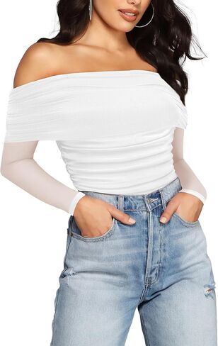 SAUNGKUAI Women's Off The Shoulder Long Sleeve Bodysuit Sexy Slimming Body Suit Tops Sheer Mesh Ruched Outfits in Saudi Arabia