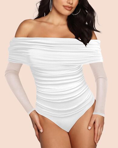 SAUNGKUAI Women's Off The Shoulder Long Sleeve Bodysuit Sexy Slimming Body Suit Tops Sheer Mesh Ruched Outfits in Saudi Arabia