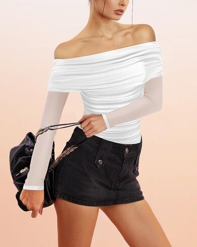 SAUNGKUAI Women's Off The Shoulder Long Sleeve Bodysuit Sexy Slimming Body Suit Tops Sheer Mesh Ruched Outfits in Saudi Arabia