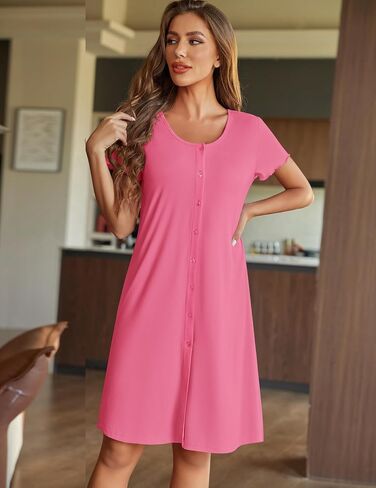 Ekouaer Womens Nightshirt Button Down Sleep Shirts Short Sleeve Nightgown V-Neck Sleepdress Soft Sleepwear in Saudi Arabia