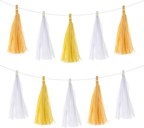 MECCANIXITY 30Pcs Light Yellow,Dark Yellow,White Tassel Garland Banner with Rope Tissue Paper Tassels Party DIY Kits for Anniversary Wedding Birthday Party in Saudi Arabia