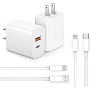 [Apple MFi Certified] iPhone Fast Charger, 2Pack esbeecables 20W Dual Port PD3.0 USB-C + QC3.0 USB-A Rapid Wall Charger with 2X 6ft Lightning Cables for iPhone 15/14/13/12/11/ XS/XR/X/8/7/iPad/AirPods
