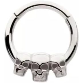 Pierced Owl 16GA 316L Stainless Steel Triple Skull Lined Hinged Segment Clicker Ring
