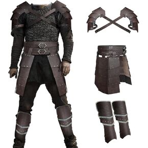 HiiFeuer Medieval Double Pauldron with Wide Belt Thigh Armor and Barbarian Leg Gaiters, Vintage Mercenary Faux Leather Costume