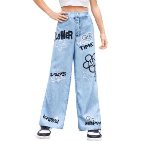 SHENHE Girl's Letter Graphic Elastic Waist Cartoon Wide Leg Denim Like Pants Loose Trousers