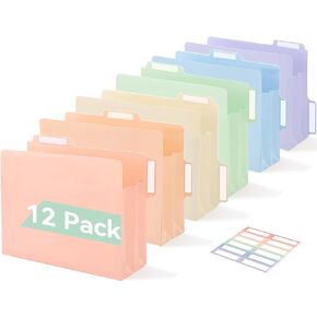 Plastic Pastel Expanding File Folder, 12 Pack, 4" Expansion Accordion Pocket, Unique 1/3 Cut Tabs with Colorful Labels, Letter Size