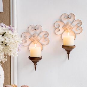 Antique Wall Candle Sconces Set of Two, Wrought Iron Candle Wall Sconce, Rustic Wall Candle Holder Pillar, Farmhouse Metal Wall Decor for Living Room, Dining Room, Bathroom, Brown