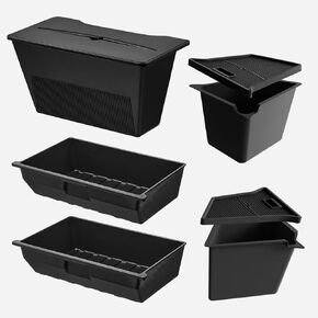 3W 2023 2024 Tesla Model Y Accessories, 2Pcs Under Seat Storage Box 2Pcs Rear Trunk Organizer Side Storage Box with Lids Rear Center Console Storage Bin TPE Waterproof Odorless Protector Packets