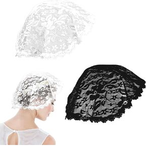 2PCS Lace Head Veils Coverings for Women Lace Embroidery Church Veil Circle Floral Lace Embroidered Church Cap Veils Vintage Chapel Mantilla (Black White)