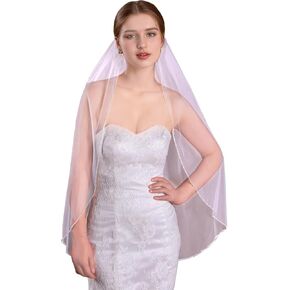 Wedding Veil Pearls and Crystals Beaded Edge 1 Tier Soft Tulle Fingertip Length Bridal Veil with Comb