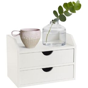 White Wood Desk Organizer with 2 Drawer, Mini Cute Cabinet with Storage Shelf for Tabletop, Small Desktop Box Organizer for Cosmetic Office Supplies