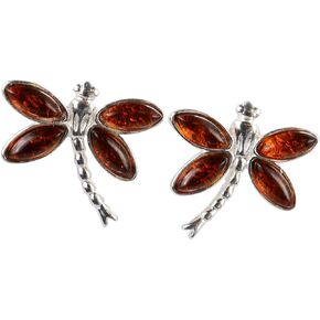 Amber Earrings - Baltic Honey Amber Post Back Dragonfly Earrings - Sterling Silver Jewelry Collection