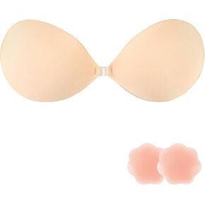 Sticky Strapless Bra Strapless Push Up Bra with Nipple Covers, Silicone Adhesive Cups, Washable, Adhesive Bra (Nude, B)