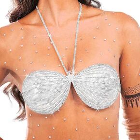 Women's Rhinestone Bra Top Silver Sparkly Halter Crop Tops Crystal Bra Chain Sexy Party Costume Rave Outfit