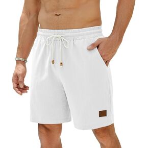 Men’s Linen Short Elastic Waist Drawstring Casual Summer Beach Shorts Golf Shorts with Pockets