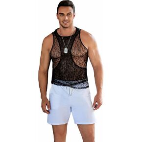WDIRARA Men's Floral Embroidery Cut Out Contrast Mesh Tank Top Sleeveless Tops Party Shirt
