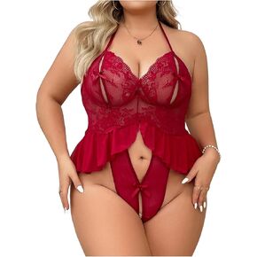SOLY HUX Women's Plus Size Lace Sheer Lingerie Cutout Ruffle Halter Teddy Bodysuit Babydoll