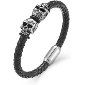 Mens Leather Bracelet Skull Braided Wristband Bangle Stainless Steel Jewelry Gifts for Him