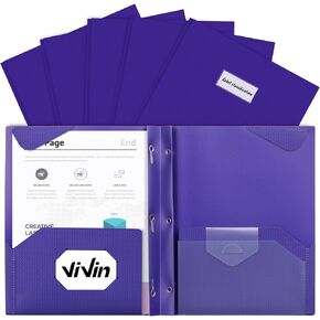 ViVin Plastic Folders with Pockets and Prongs, 6 Pack Sturdy 3 Prong Folders with Labels and Extra Pocket, 2 Pocket Portfolio for School, Office, and Home, 8.5 * 11 Letter Size