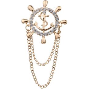 Rudder Brooch for Women Men Rhinestone Anchor Rudder Brooch Pins Chain Fashion Navy Sailor Dress Suit Pin Wedding Party Jewelry