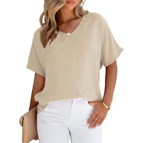 Allimy Women Summer Casual V Neck Textured Blouses Loose Short Sleeve Tops