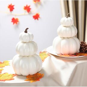 2 Pcs White Stacked Pumpkin Tower Foam Fake Artificial Pumpkins DIY Crafts Pumpkins for Halloween Thanksgiving Decoration Table Home Wedding Kitchen Party Decor