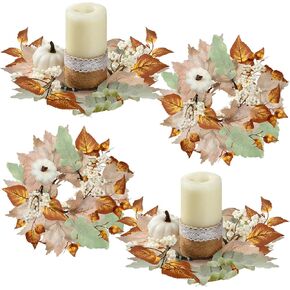4 Pieces Fall Candle Rings Wreaths Neutral Fall Decor Artificial Pumpkin Maple Leaf Candle Garland Thanksgiving Berry Candle Rings for Autumn Farmhouse Harvest Wedding Parties Centerpieces for a Cozy