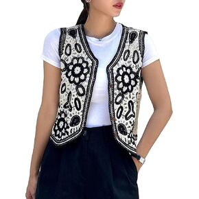 GORGLITTER Women's Floral Button Down Sweater Vest Hollow Out V Neck Knit Top Crochet Vest