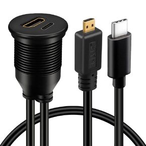 BATIGE Micro HDMI Male to HDMI Female & Type C 3.0 Male to Female Car Flush Mount Cable for Car Boat and Motorcycle - 3ft