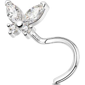MeIighting 925 Sterling Silver Butterfly Nose Stud S Shaped Nose Ring 20G Solid Silver Butterfly Nose Piercing Jewelry Clear CZ for Women Men Nostril Piercing
